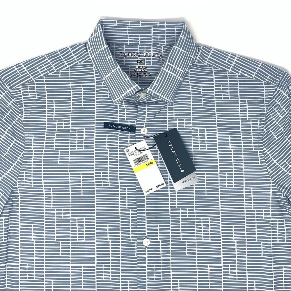 Perry Ellis Citadel Gray/Blue Slim Fit Stretch Mens Short Sleeve‎ Button Up Sz M